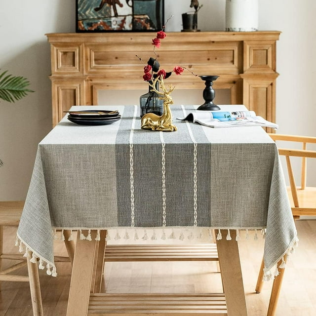 MKDER-Table Cloth Wrinkle Free Rectangular Tablecloth for Dining Table Embroidery Rectangle Tablecloths Picnic Table Cloths with Tassels Farmhouse (Quiet Gray, Rectangle/Oblong55 x 87 Inch)