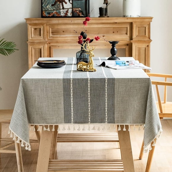 MKDER-Table Cloth Wrinkle Free Rectangular Tablecloth for Dining Table Embroidery Rectangle Tablecloths Picnic Table Cloths with Tassels Farmhouse (Quiet Gray, Rectangle/Oblong55 x 87 Inch)