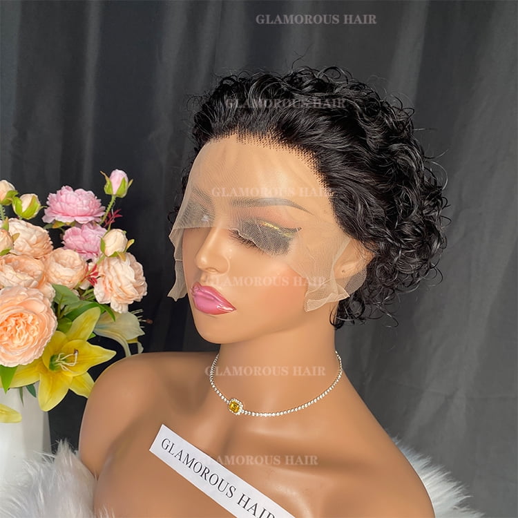 Curly Bob Human Hair Wigs with Bangs Short Rose Glueless Full Machine Made Natural Black Pixie 13x1 Lace Wig