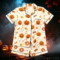 thumbnail image 2 of JIAYUE Girl Kids Pajamas Casual Halloween Cute Pattern Print Sleepwear With Short Sleeve Notched Collar Design Tops Shorts Cozy Loungewear Two Piece Set Loose For Home Night Sleeping ,11-12 Years, 2 of 3