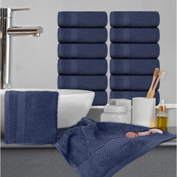 White Classic Luxury Cotton 12 Pc Washcloth Set, Hotel Style Small Bath Towel and Face Cloth 13x13, Soft Plush Washcloth 12 Pack, Thick High Absorbent Wash Clothes, Face Towels, Navy Blue Towels