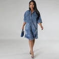 thumbnail image 3 of AURA Plus Size Washed Denim Fringe Dress Mid Length Collared Five Sleeve Elegant Work Style, 3 of 8