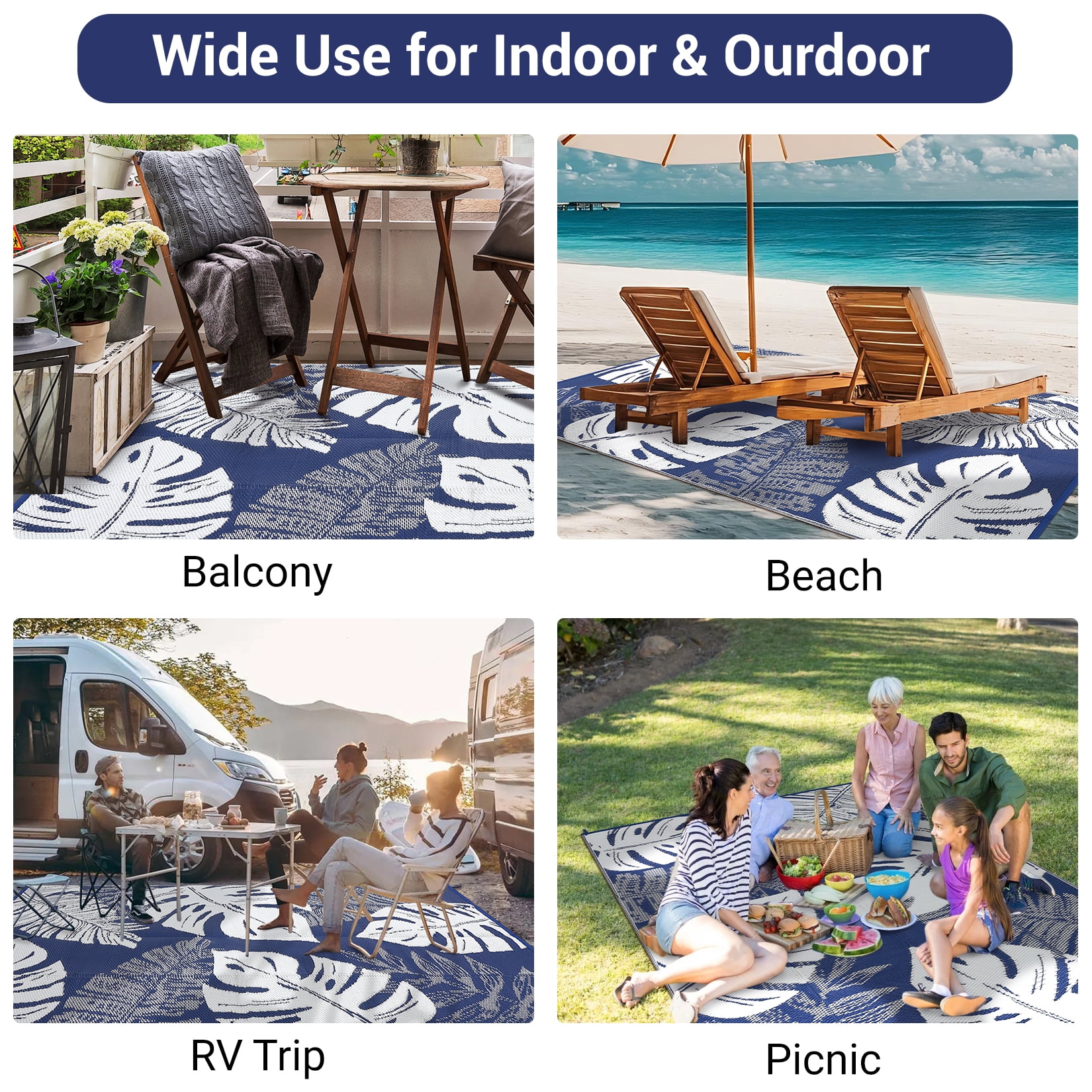 Haperlare 9'x12' Waterproof Outdoor Plastic Straw Rug, Modern Tropical Leaf Woven Carpet Reversible Patio Rug RV Camping Mat, Portable Outside Carpet for Deck Porch Yard Garden Balcony, Dark Blue