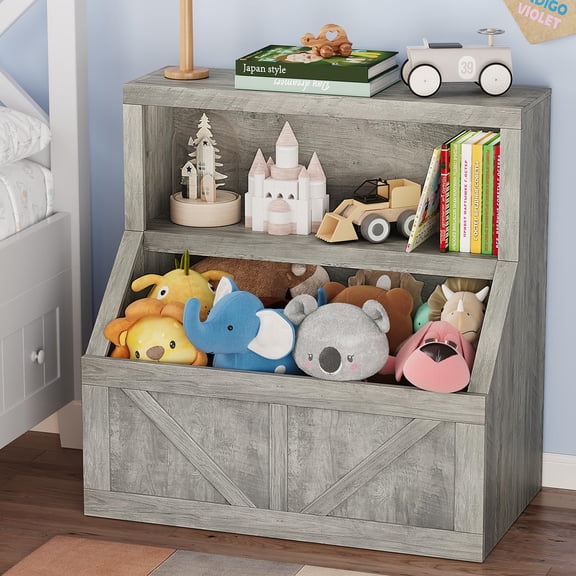 Grey Storage Organizer and Book Shelf, Wooden Bookcase Cabinet with Storage Organizer for Playroom, Classroom, Nursery, School, Kindergarten