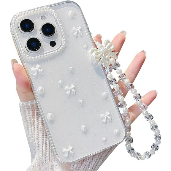 for iPhone 15 Pro Clear Glitter Case, Cute Bow Pearl Aesthetic Girly Transparent Phone Case with Phone Charms Chain Bracelet,Soft Protective Cover for iPhone 15 Pro-White