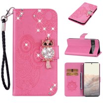 Wallet Case For Google Pixel 7 Pro, Embossed Owl Bling Diamond Premium PU Leather [Folio Flip][Kickstand][Card Slots][Wrist Strap][Kickstand]Phone Cover For Google Pixel 7 Pro, Pink