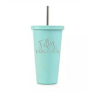 16 oz Stainless Steel Double Wall Insulated Tumbler Pool Beach Cup Travel Mug With Straw Fifty And Fabulous 50th Birthday (Teal)