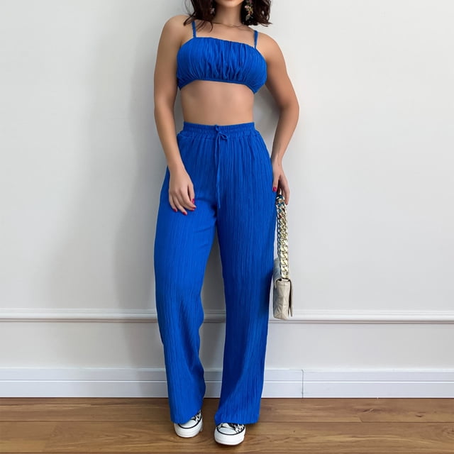 Conjunto De Pantalón Y Top Con Tirantes Pantalones con tirantes para mujer, tops cortos y pantalones largos sexis con pliegues (azul L) Cgtredaw Para estrenar