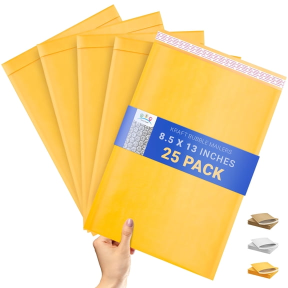 Yellow Kraft Bubble Mailers, Padded Self Seal Envelopes, 25 Count, 8.5 x 13 in