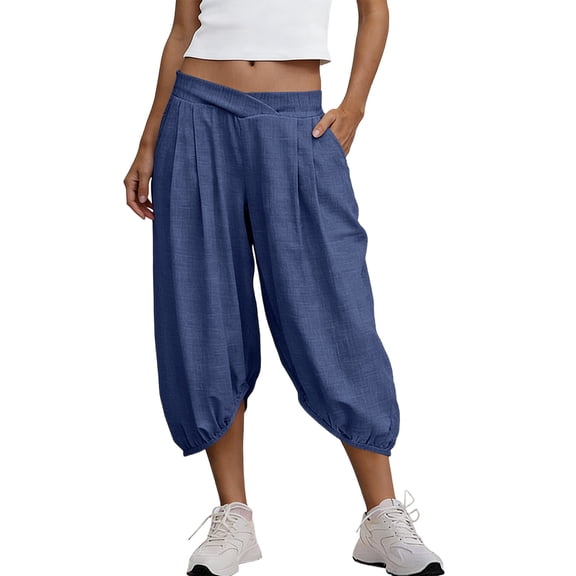Yuanlook Women's Linen Cotton Balloon Capri Pants, Vacation Casual Cropped Trousers with Crossover Waist & Relaxed Fit, S-XXL