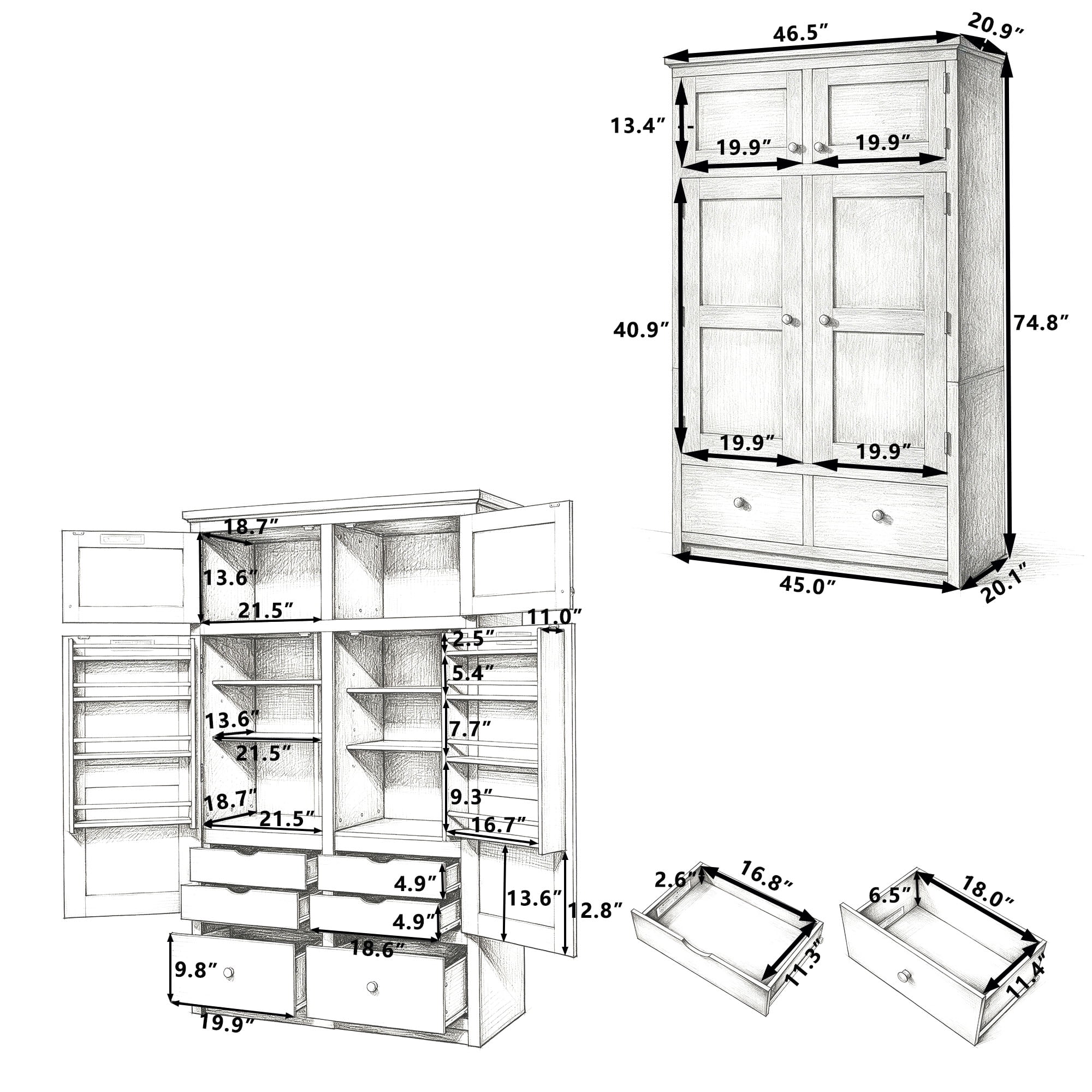 Mintazer 74.8" Tall Freestanding Kitchen Pantry Cabinet with 6 Drawers, Adjustable Shelves & 8 Side Spice Racks, Food Storage Cabinet with 4 Pull-out Trays for Dining Room, Grey