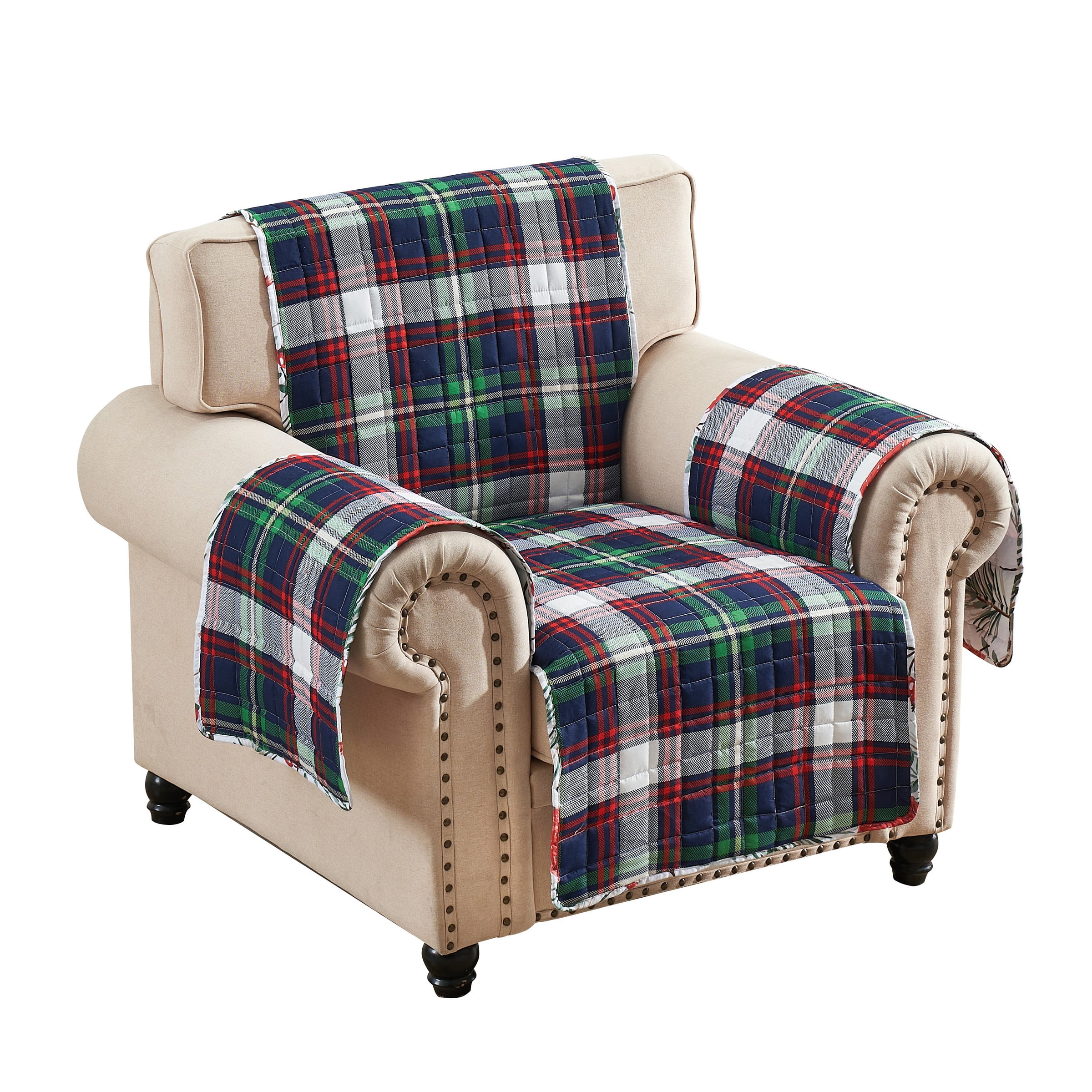 Greenland Home Fashions Cardinal Plaid Reversible Winter Holiday Furniture Cover - Arm Chair Protector