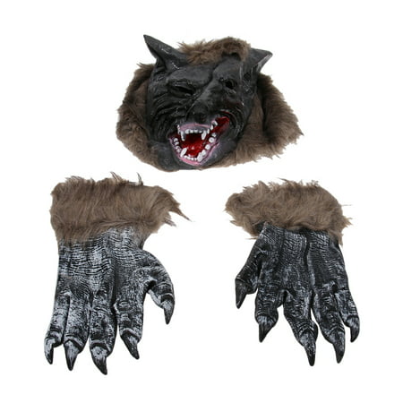 Halloween Wolf Head Claw Props Terrible Wolf Makeup Mask for Festival Party Gathering (1pcs Gray Wolf Mask, 1 Pair of Claw Gloves)