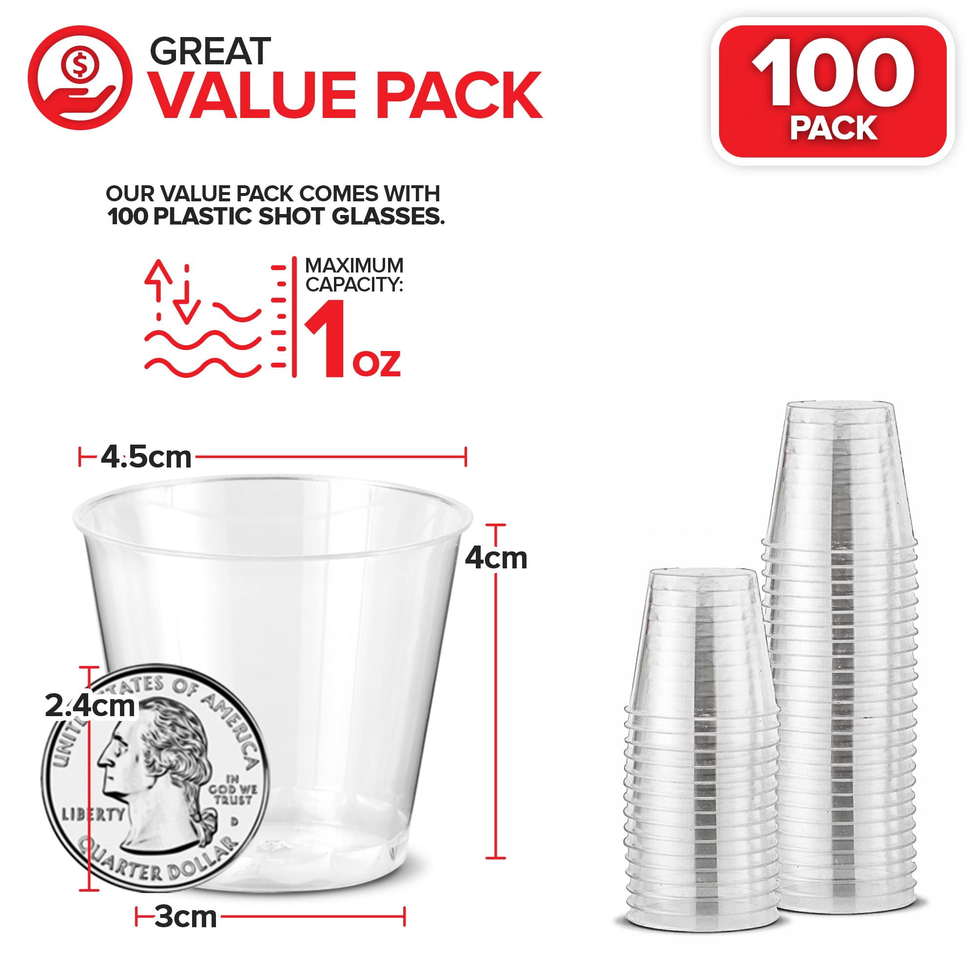 Stock Your Home 100 Pack - Mini Plastic Shot Glasses (1oz) Clear Disposable Cups for Jello Shots, Wine Tasting, Liquor, Whiskey, Pudding, Sample Cup for Halloween and Elegant Parties