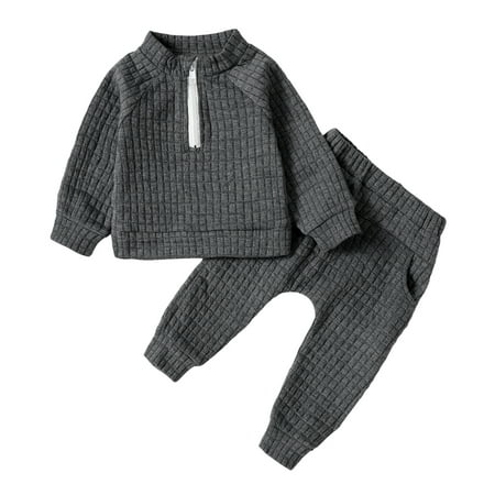 

Kucnuzki 18 Months Newborn Baby Boy Winter Outfits Pants Sets 24 Months Long Sleeve Classic Solid Color Half Zipper Sweatshirt Elastic Pants 2PCS Set Gray