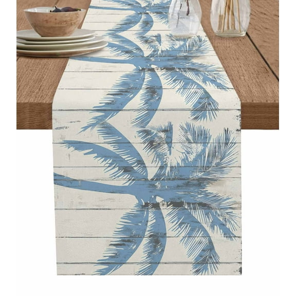 Blue Palm Tree Table Runner 72 Inches, Coastal Summer Vintage Bed Runner Dresser Scarves Tabletop for Indoor Outdoor Parties/Ceremony/Banquet, 14" x 72"