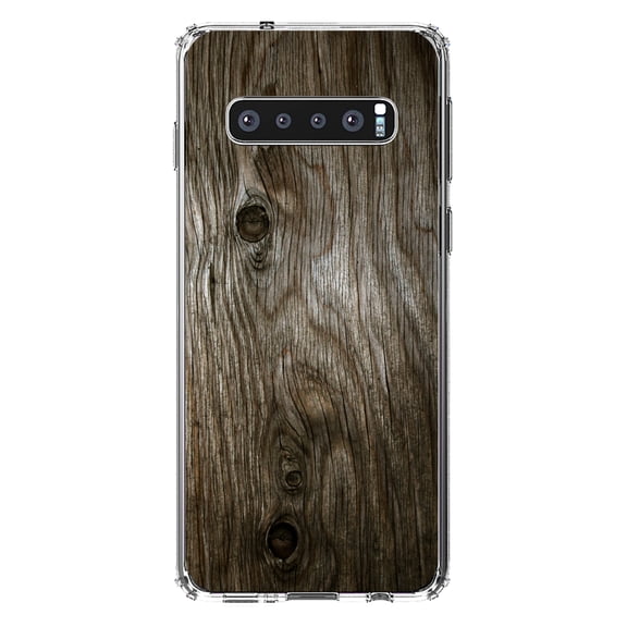 DistinctInk Clear Shockproof Hybrid Case for Samsung Galaxy S10  PLUS(6.4" Screen) - TPU Bumper, Acrylic Back, Tempered Glass Screen Protector - Brown Weathered Wood Grain Print - Printed Wood