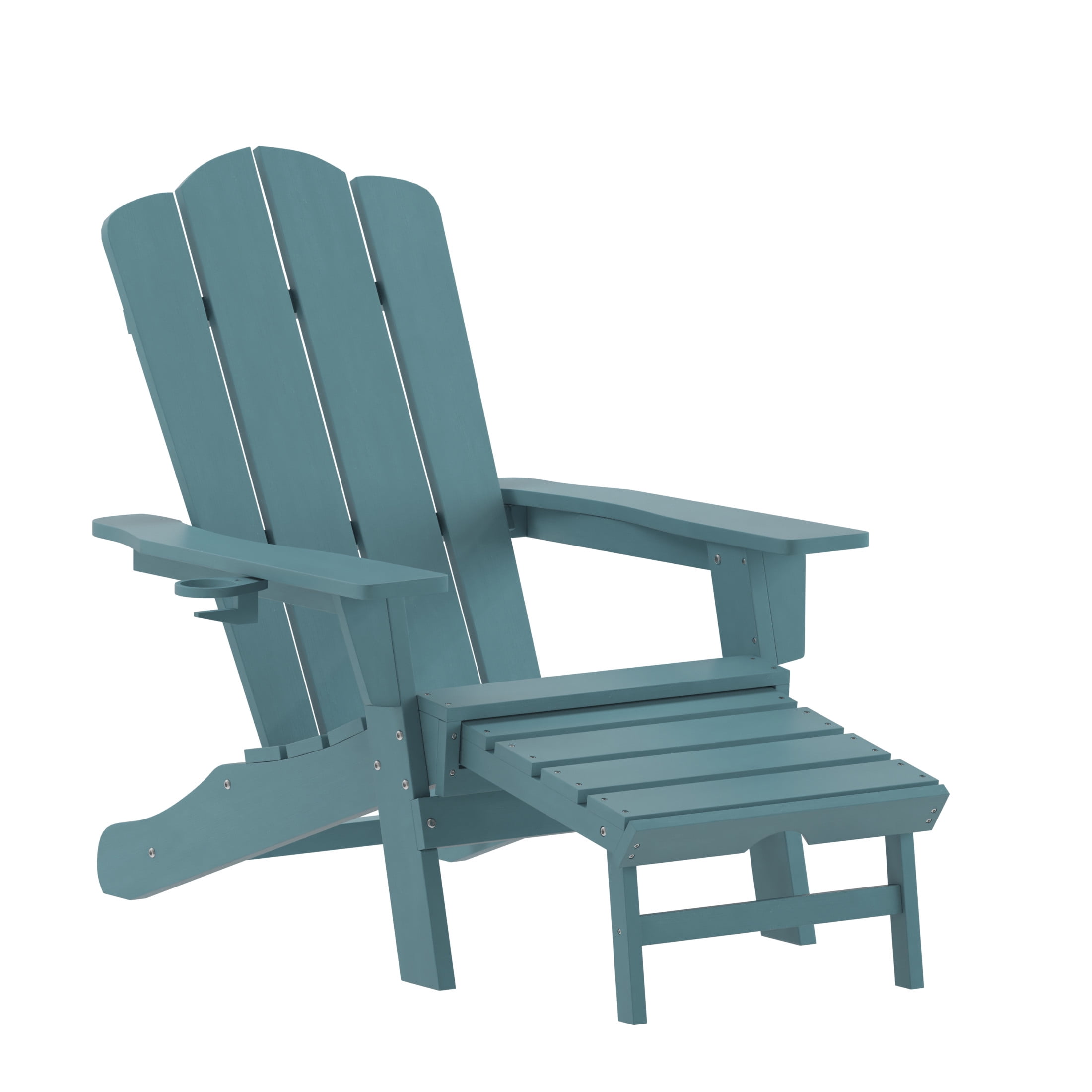 BizChair HDPE Adirondack Chair with Cup Holder and Pull Out Ottoman, All-Weather HDPE Indoor/Outdoor Lounge Chair in Blue