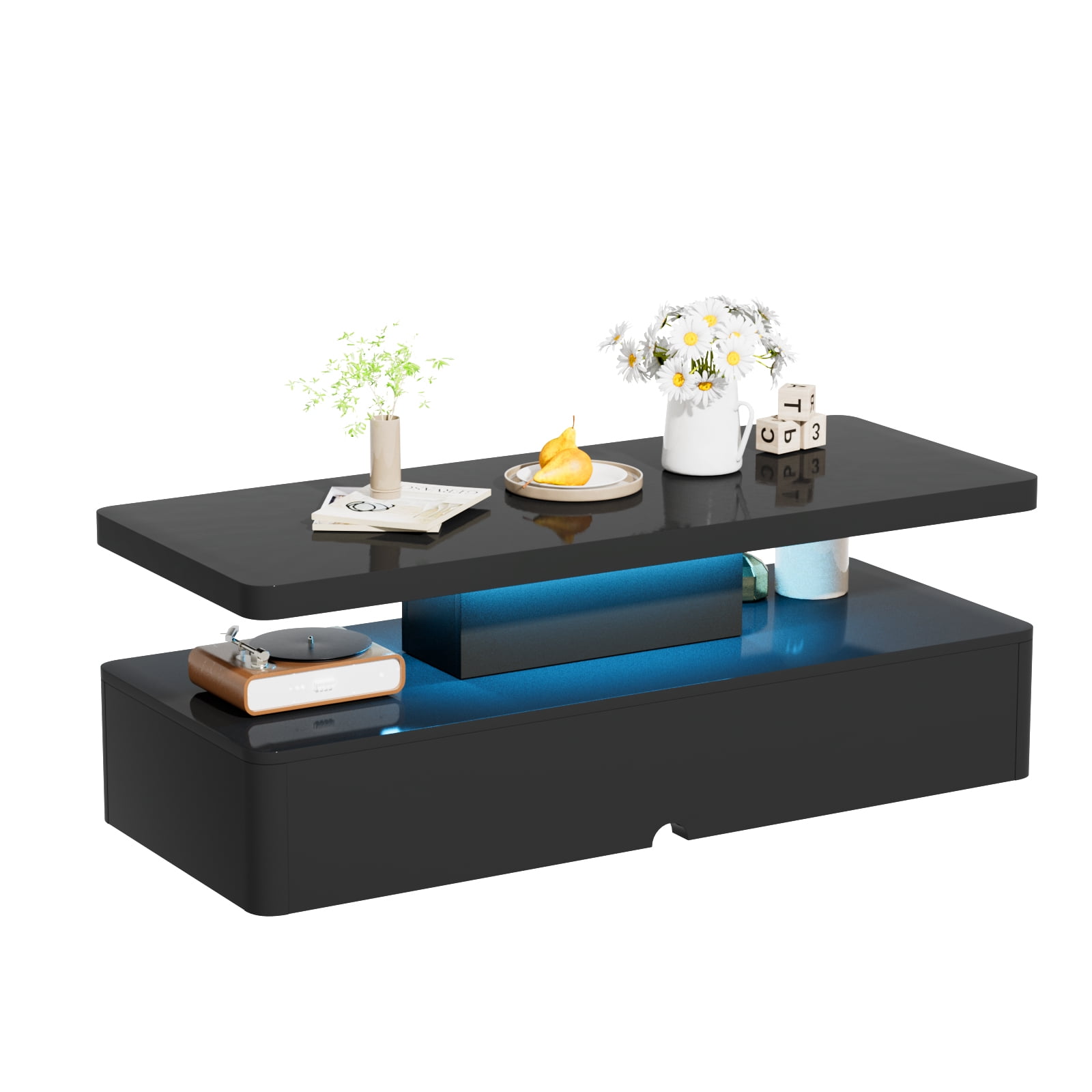 Easoger Modern Stylish Coffee Table with 16 Colors LED Lights, Double-Layer Design for Living Room, Black High Gloss Acrylic