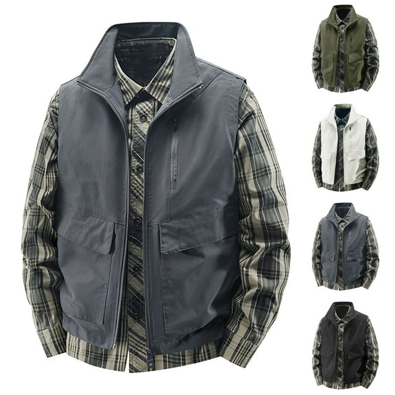 Men's Plus Size Cargo Vest with Pockets Men's Work Jacket Standing Collar Outdoor Sports Coat Outerwear Army Green XXL