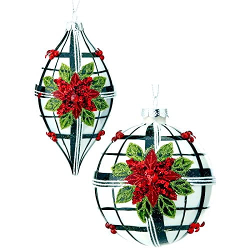Black and White Plaid Poinsettia Blown Glass Ornaments - Set of 2