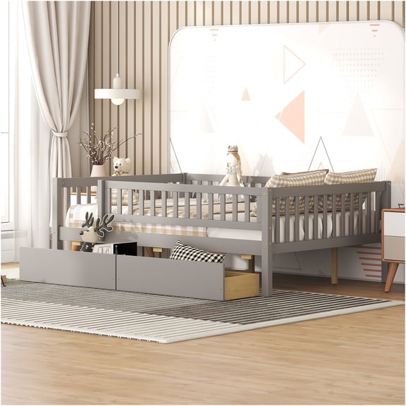 JERFIT Full Size Daybed Wood Bed with Two Drawers Gray