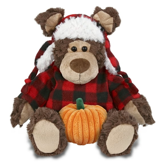 DolliBu Super Soft Red Plaid Outfit Grizzly Bear Stuffed Animal with Pumpkin Decor - Pumpkin Plush Animal for Fall, Halloween and Thanksgiving, Pumpkin Toy for Baby, Kids, Adults - 9 Inches