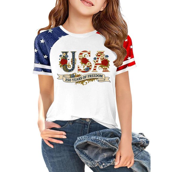 Grblisyd 4th of July Girls Shirts Kids American Flag Tshirt Patriotic Crew Neck Short Sleeve Top Independence Day Outfit 10-12y