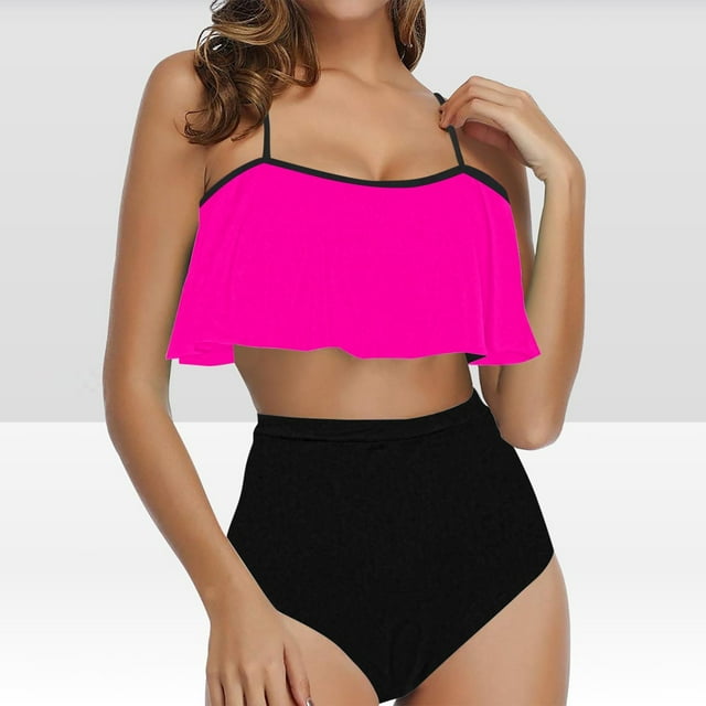 Women's Ruffled Swimsuit Set with Removable Padded Bra & High Waist Shorts Soft Nylon Spandex Beach Pool Bathing Suit for Summer
