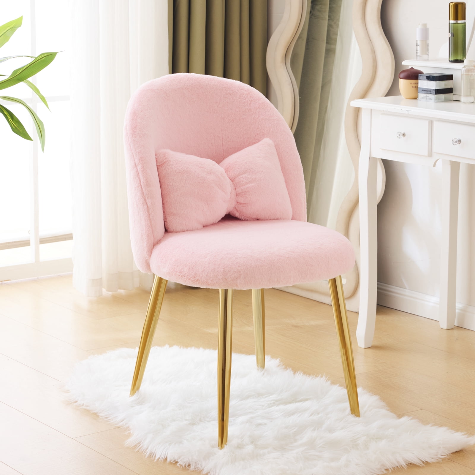 Zimtown Vanity Makeup Chair Armless Home Office Chair for Bedroom or Study Faux Rabbit Fur, Pink
