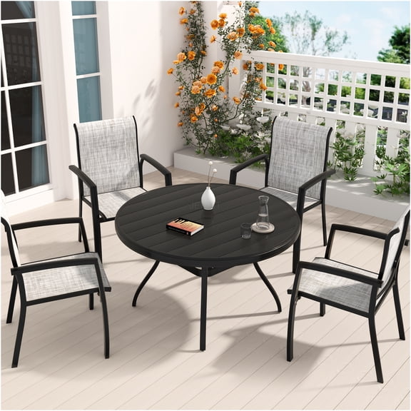 JERFIT 4-Person Outdoor Patio Dining Set with Stackable Chairs, 40.6 Inch Round Table, Umbrella Hole, Black and Grey Textilene Metal Furniture for Garden, Deck, Poolside