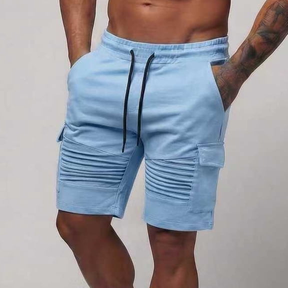 Thousandth Men's Summer Vacation Casual Lightweight Elastic Waist Outdoors Set Pocket Solid Color Drawstring Running Pants Bandage Fashionable Athletic Shorts