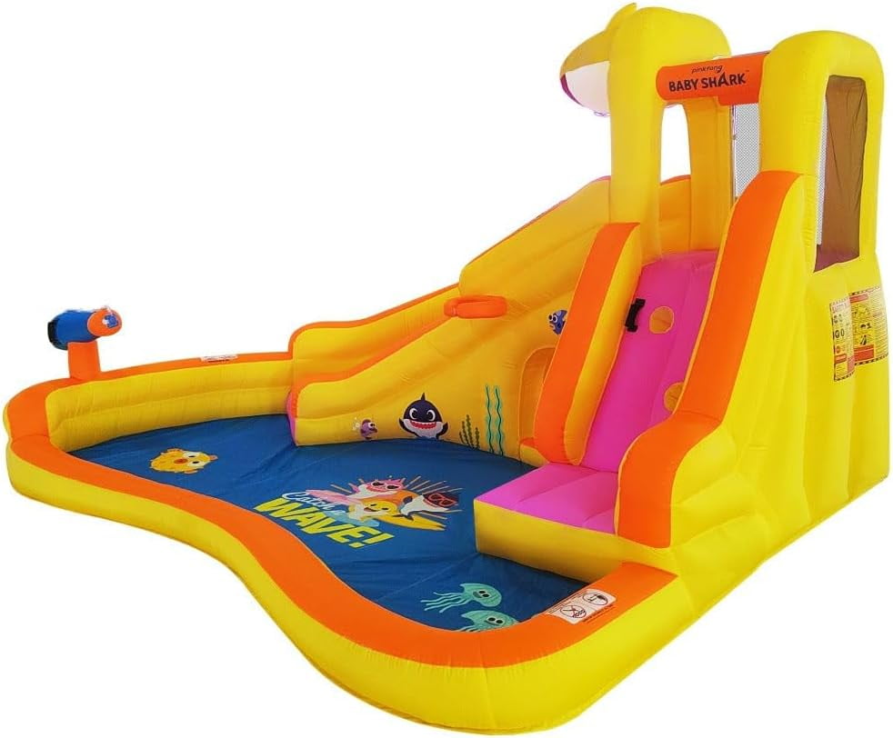 Funormous Baby Shark Bounce House with Slide, Pink Fong Inflatable Water Slide, Party Outdoor Curve Waterslide Fun