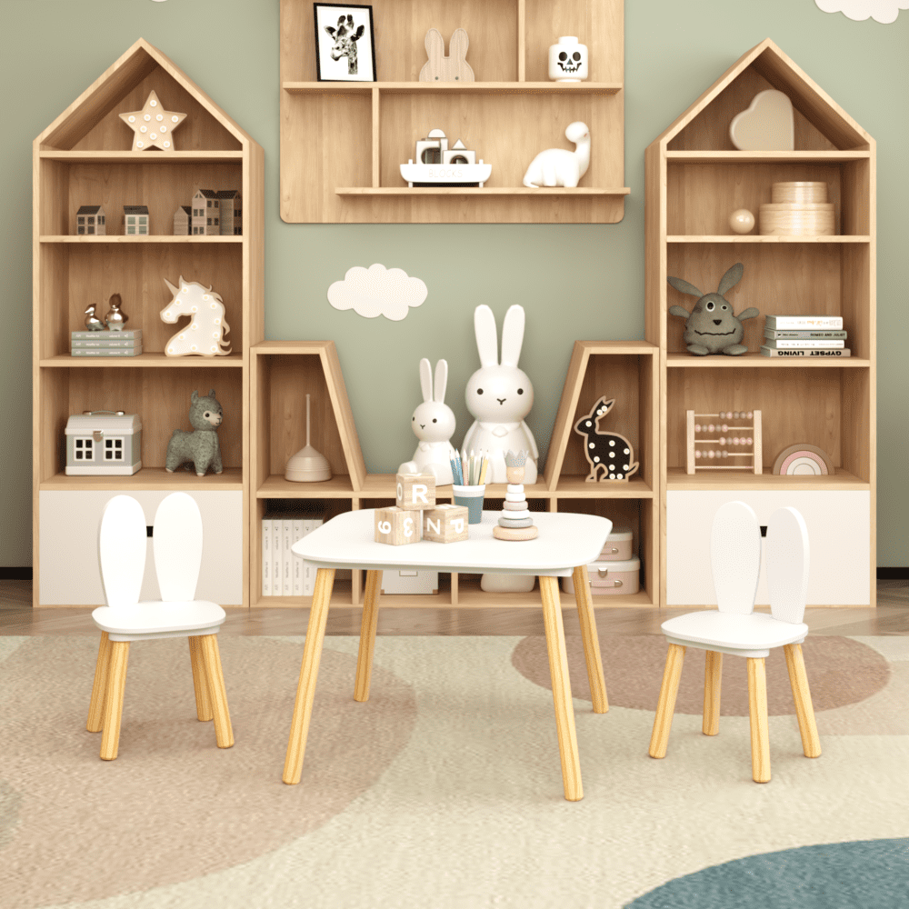 Oufan Kids Table and 2 Chairs Set, 3 Pieces Rabbit Themed Toddler Table and Chair Set , for Daycare and Classrooms, Children's Activity Table and Chairs Set, White