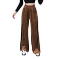 thumbnail image 3 of Pantalones casuales ajustados de gamuza con cintura alta de color sólido y drapeado a juego, pantalones anchos y sueltos para mujer, 3 of 5