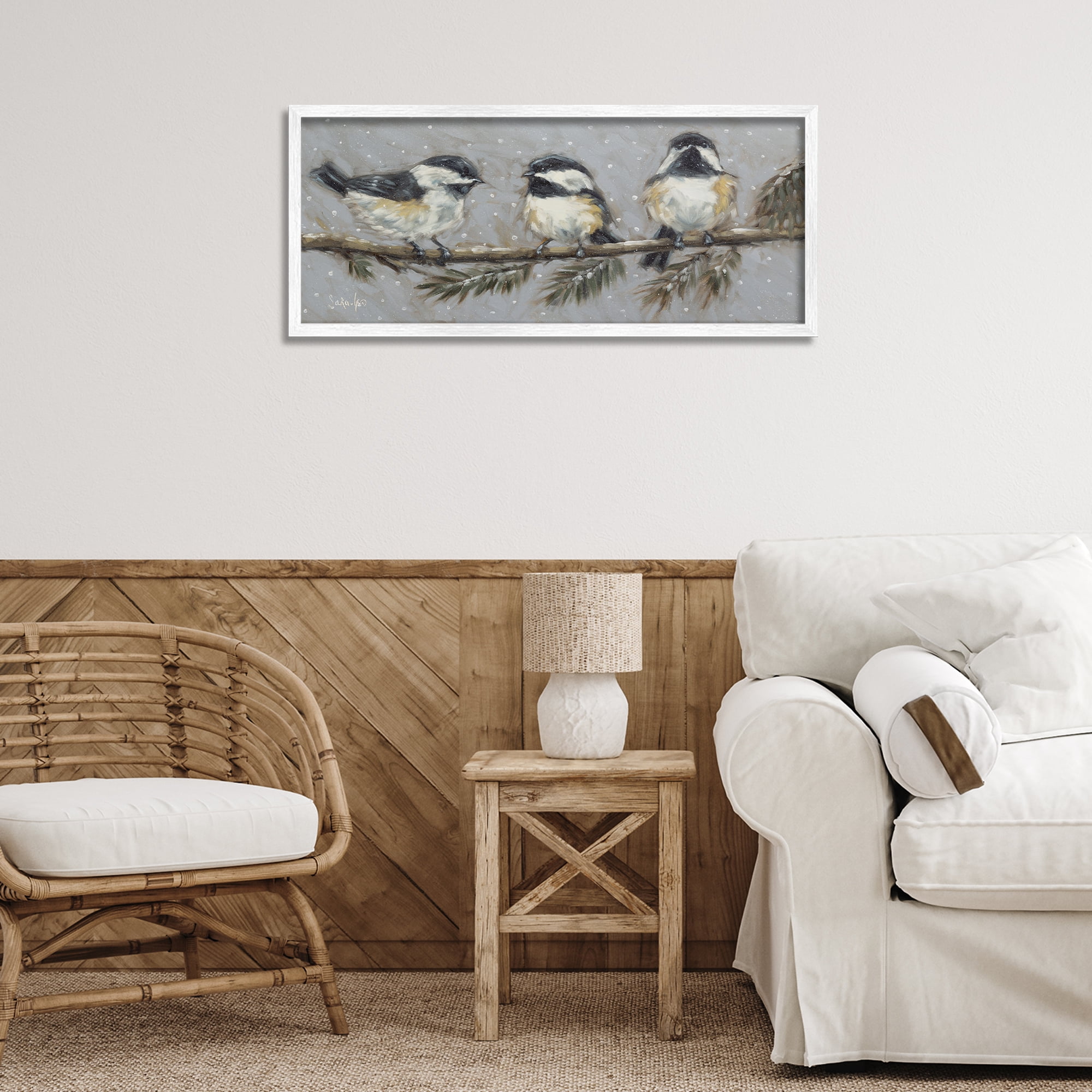 Stupell Industries Winter Bird Trio Animals & Insects Painting White Framed Art Print Wall Art, 30 x 13