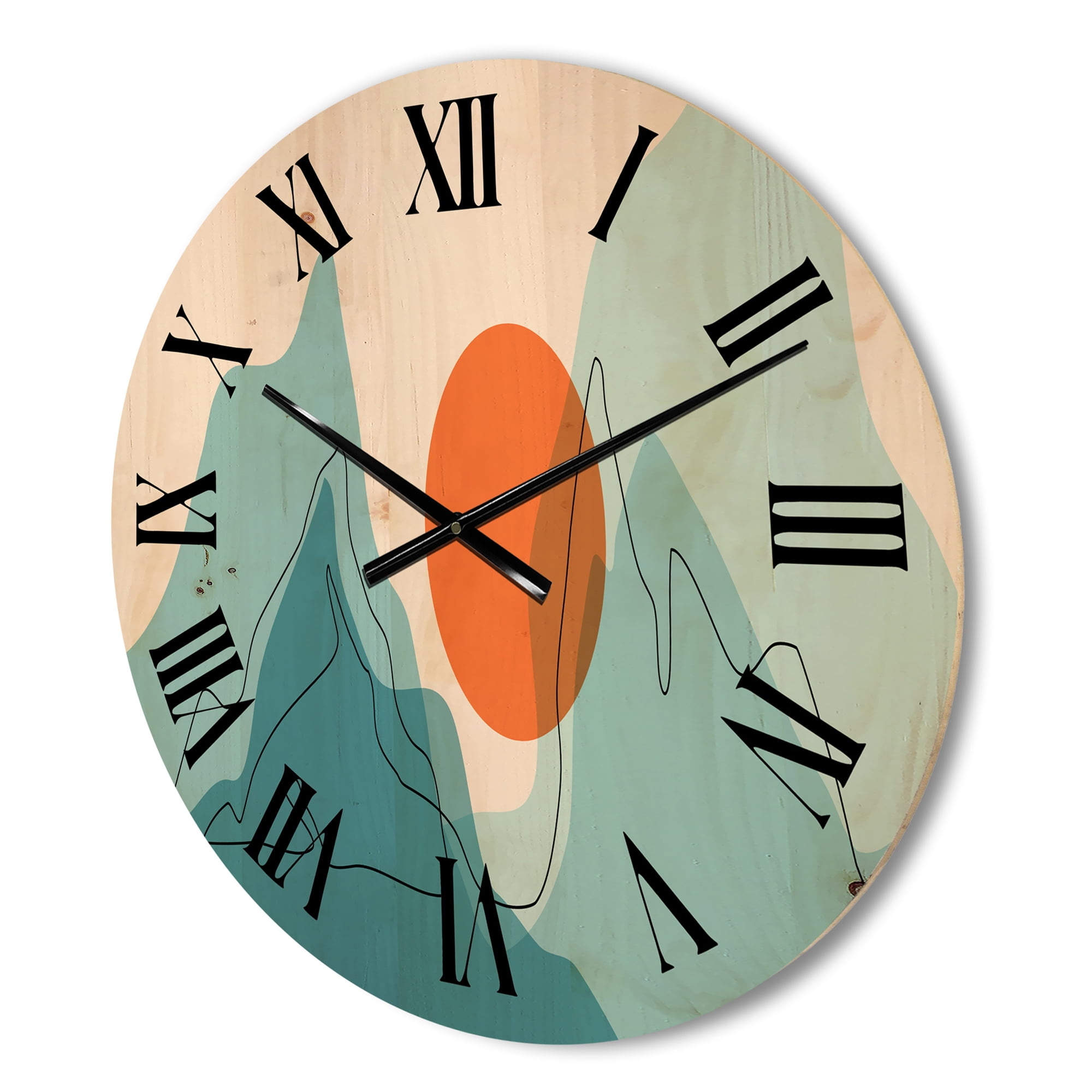 Designart 'Abstract Blue Mountains With Red Moon I' Modern Wood Wall Clock