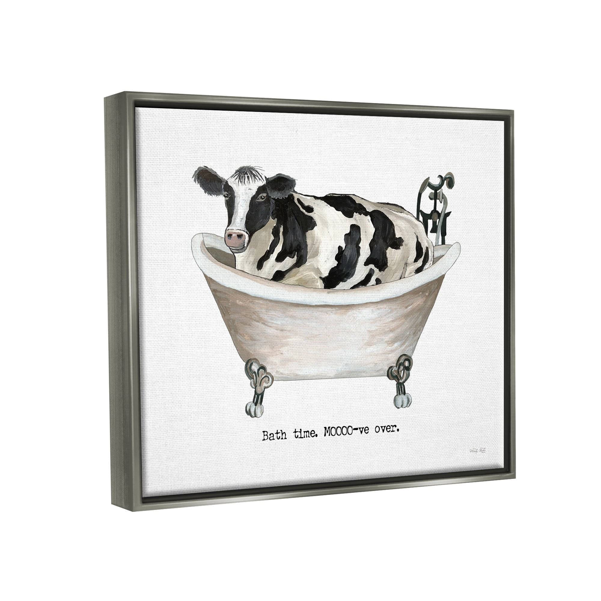 Stupell Industries Moo-ve Over Bath Time Cow Farmhouse Bathroom Sign Graphic Art Luster Gray Floating Framed Canvas Print Wall Art, Design by Cindy Jacobs