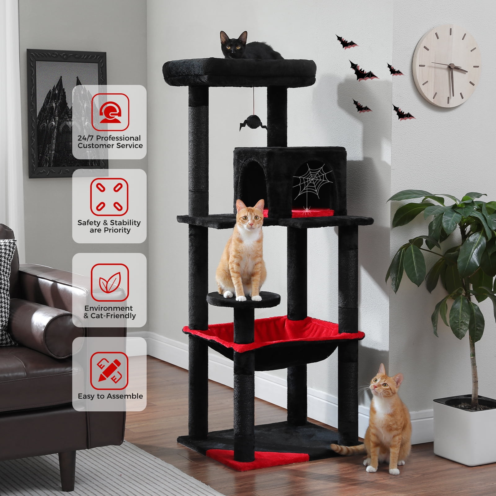 Kadyn 56" Wood Cat Tree Tower for Large Cats, Cat Tree House for Indoor Cats with Cozy Cat Condo, Super Large Hammock and Plush Perches, Black