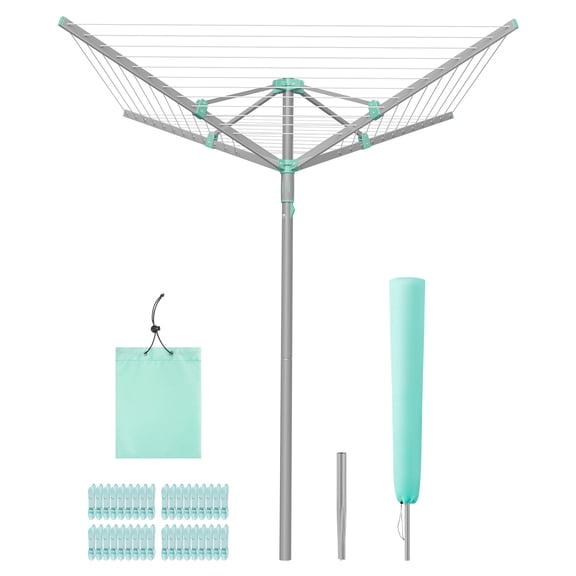 SONGMICS Umbrella Clothesline, Rotary Washing Line, Foldable, with Clips, Cover, Ground Anchor, 147.6 ft (45 m) Long for 4 Loads of Laundry, Silver