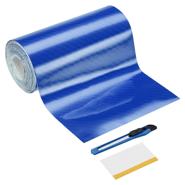 1 Set 6D Carbon Fiber Vinyl Wrap 3.94" x 16ft Self-Adhesive Car Sticker Waterproof Wrap Roll for DIY Decor Automotive Exterior Interior Protection with Scraper Tool, Blue