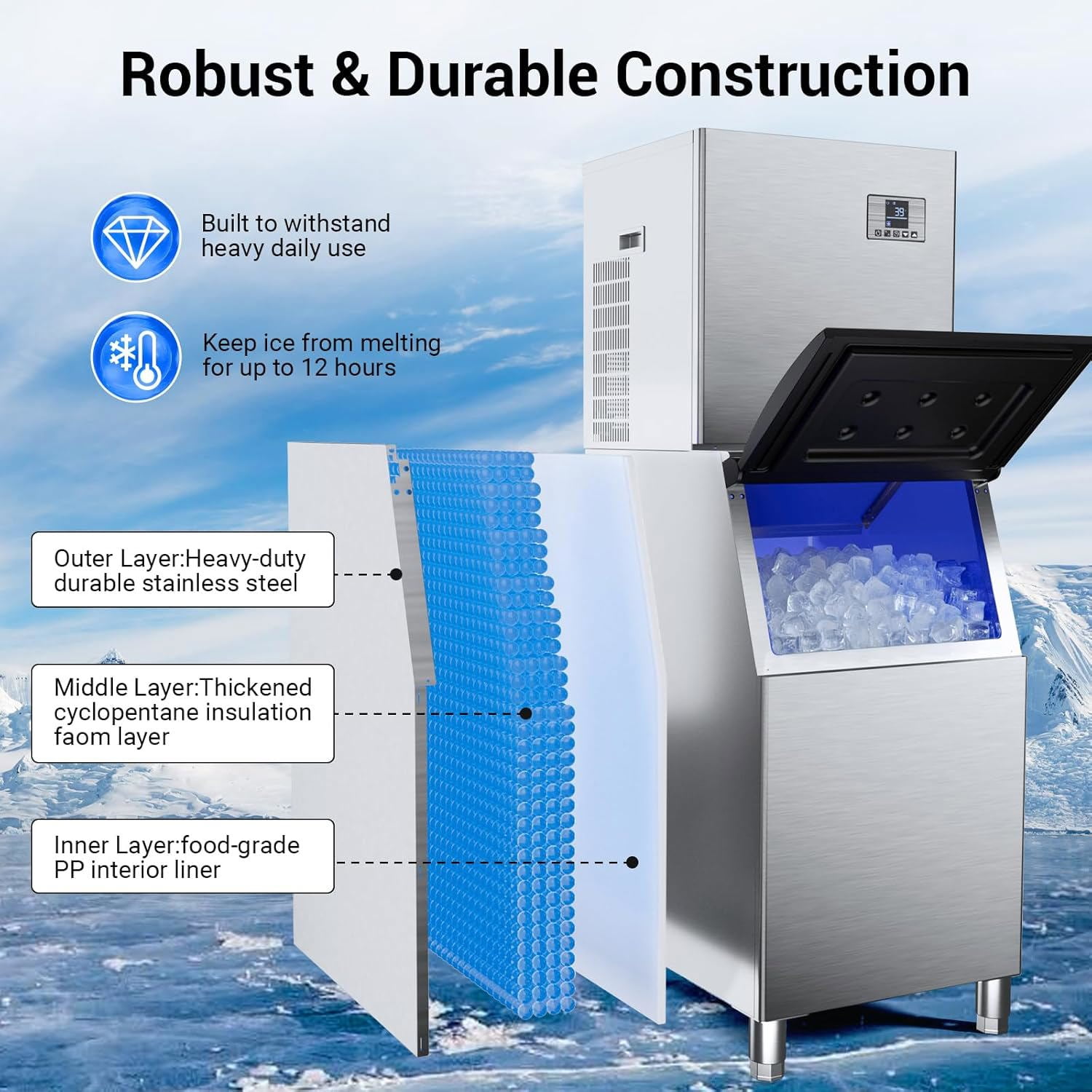 Joreek Commercial Ice Machine 650LBS/24H with 400LBS Storage Bin Large Industrial Ice Maker Self-Cleaning Timing Function 210 Ice Cubes in 5-15min, Adjustable Ice Thicknesses