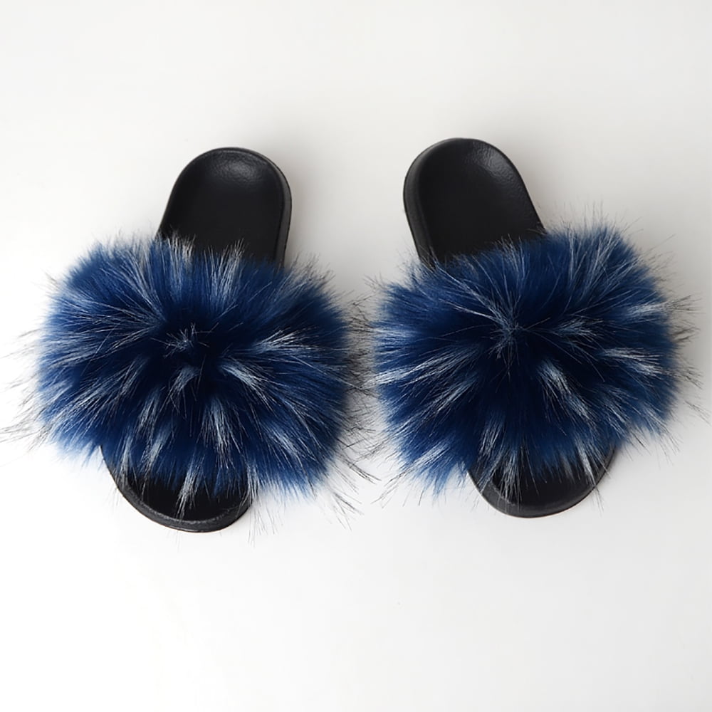 Navy blue furry slides Clearance