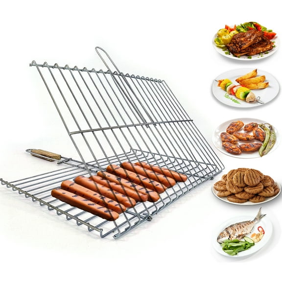 Portable BBQ Grill Basket, Barbeque Fish and Vegetable Grill Basket with Foldable Wooden Handle, 11 x 18 in