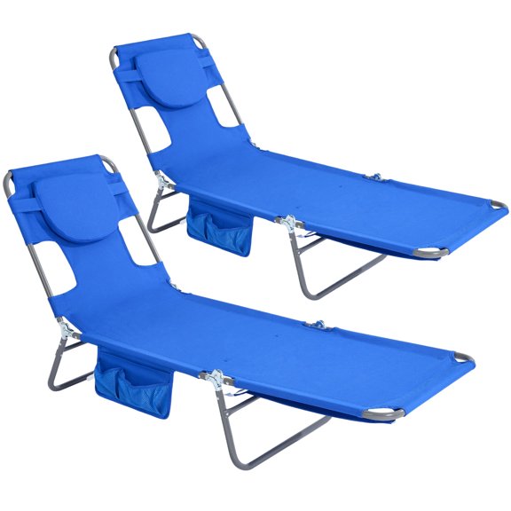 Sunnyfeel 2pk Folding Adjustable Chaise Lounge Chair, Portable Beach Lounge Chair with Backpack Straps & Side Pocket for Outside, Patio, Poolside,Blue