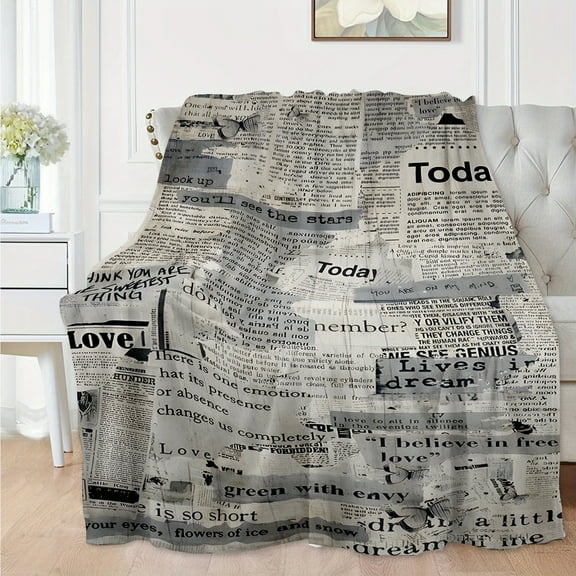 Soft Vintage Newspaper Print Flannel Throw Blanket - Cozy & Lightweight, Perfect for Couch, Bed, Office, and Living Room Decor - Versatile All-Season Gift for Family and Friends
