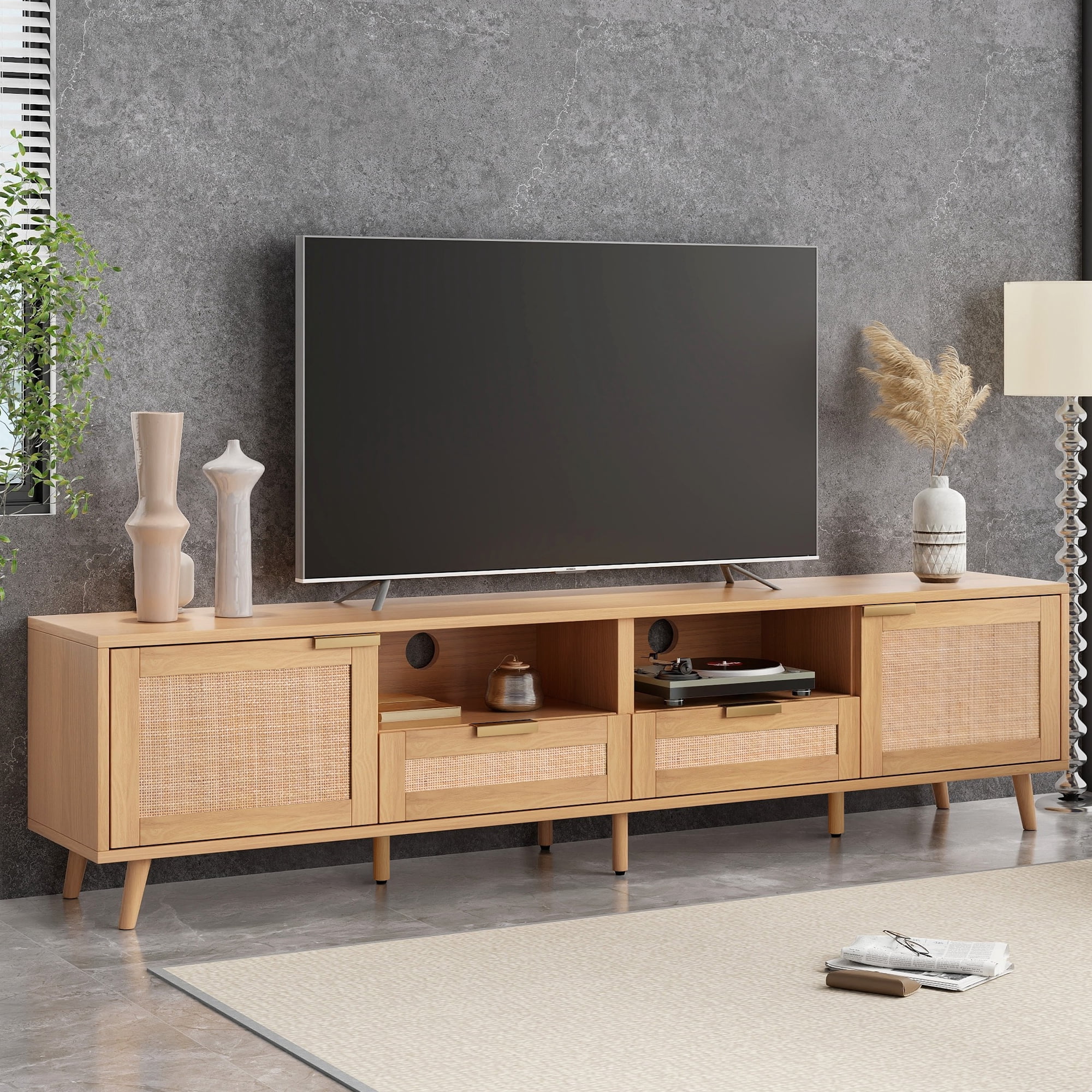TV Stand for TVs up to 85 Inch, Rattan Media Console with Storage Cabinets & Open Shelves, Entertainment Center with Solid Wood Legs for Living Room