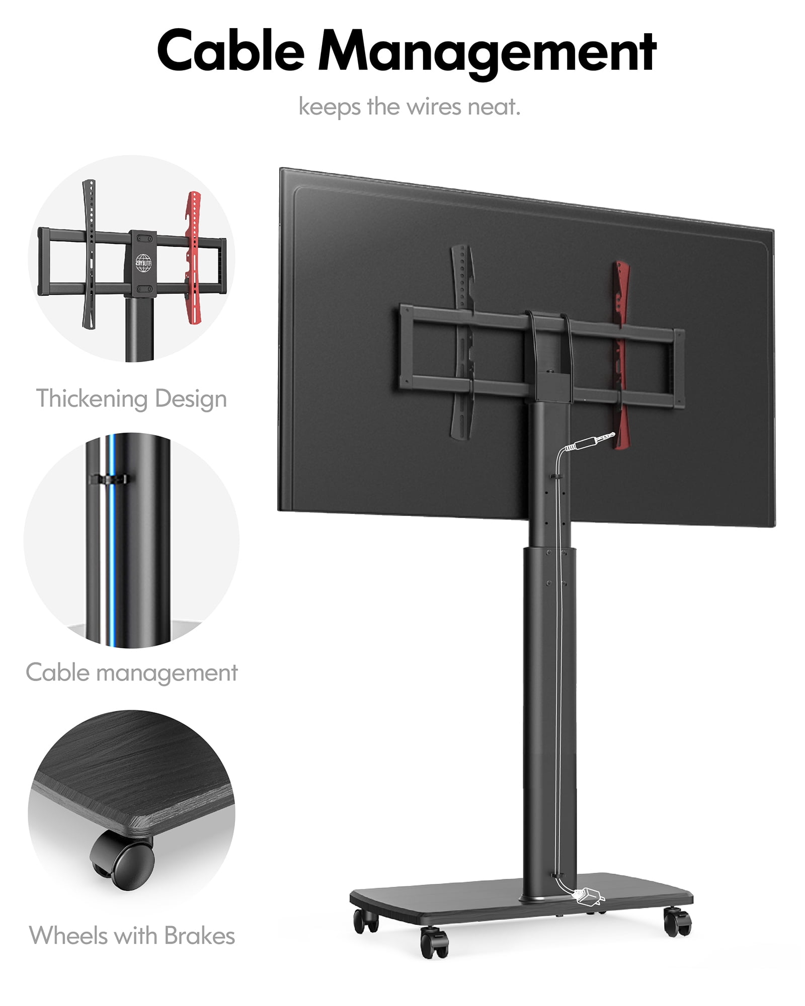 FITUEYES TV Stand with Wheels and Wooden Base for TVs up to 65", Black