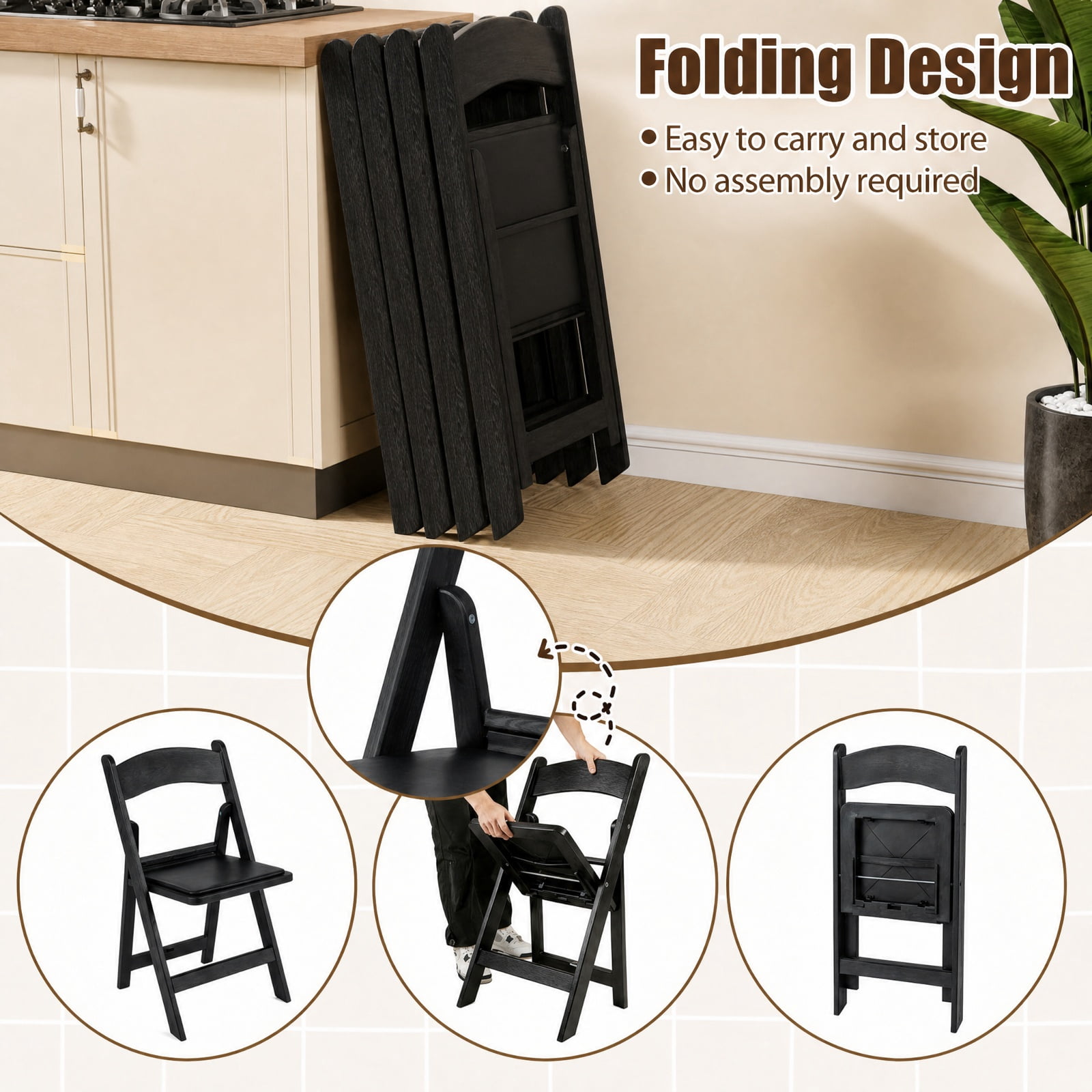 Furnibear Resin Folding Chairs Set of 4 with Padded Seat and Reinforced Frame for Weddings Parties and Commercial Event Seating, Black