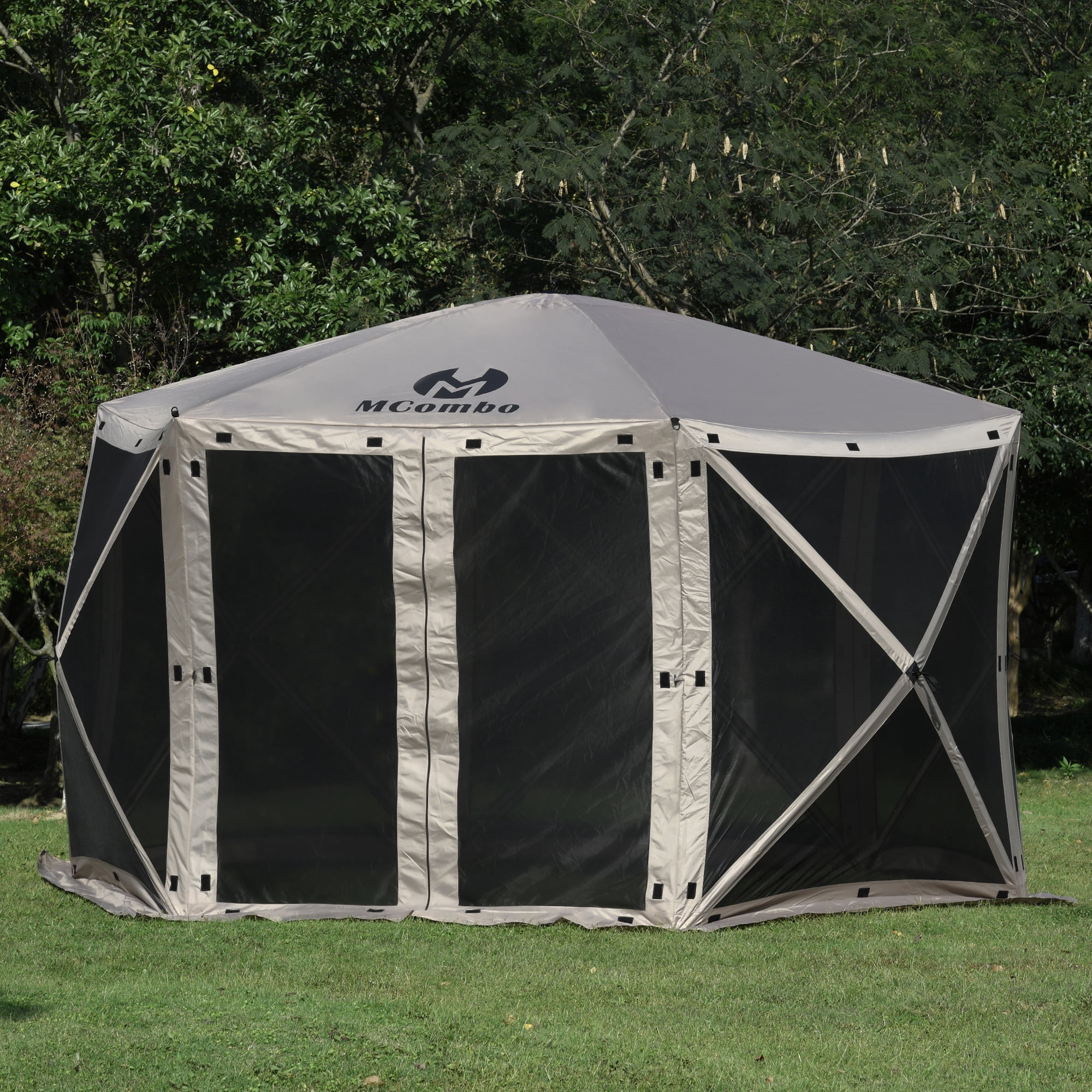 MCombo 6-Sided Gazebo Portable Pop up Tent Canopy for Party (6-8 Persons), Tan 1024